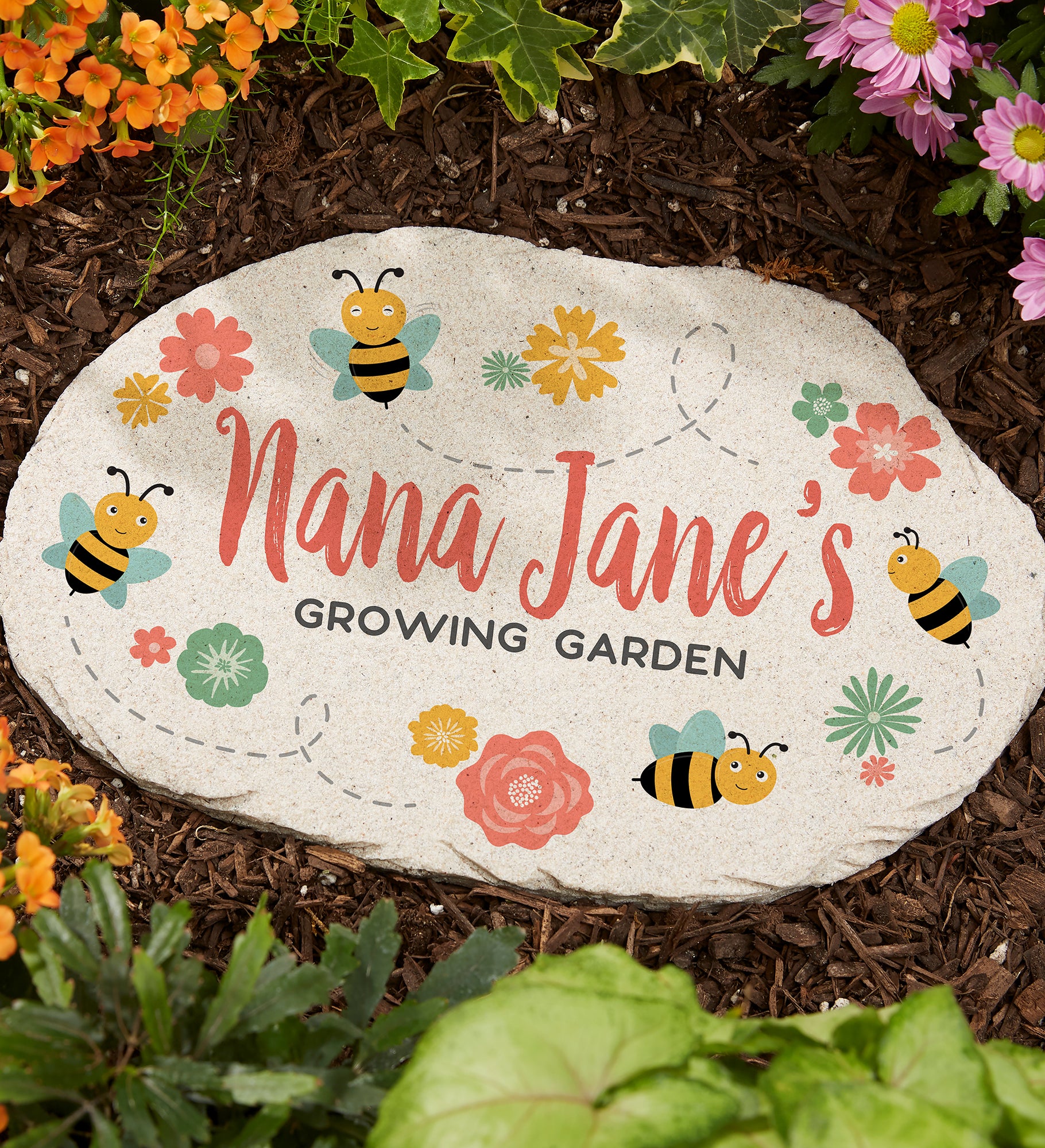 Grandma's Bee Happy Garden Personalized Round Garden Stone